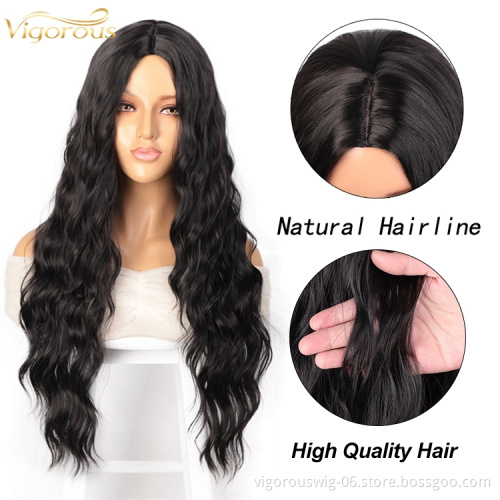 Vigorous High Quality Curly Wave Wig for Black Women Part Synthetic Wig Non Lace 1B Natural Black Color Long Hair Wig